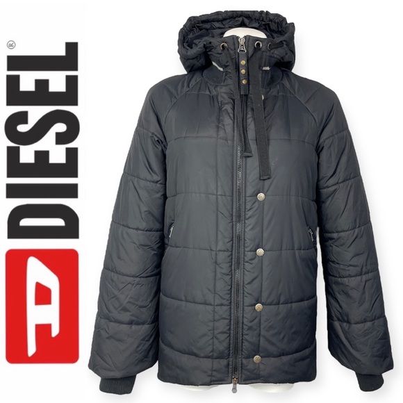 Diesel Woman’s Puffer Jacket Black High Low Hooded Insulated Winter Coat M - Picture 2 of 16